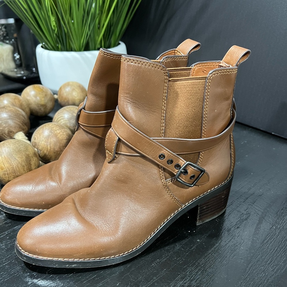 Coach Cognac Leather Ankle Booties with Decorative Strap